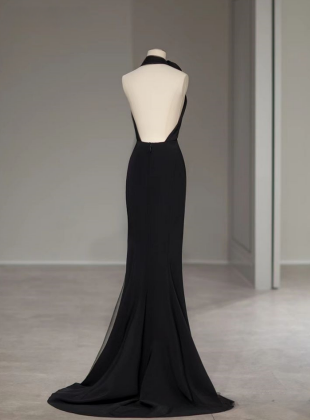 Chic Mermaid Halter V Neck Black Tulle Flower Long Prom Dress,Evening Dress GG970