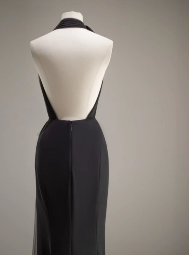 Chic Mermaid Halter V Neck Black Tulle Flower Long Prom Dress,Evening Dress GG970