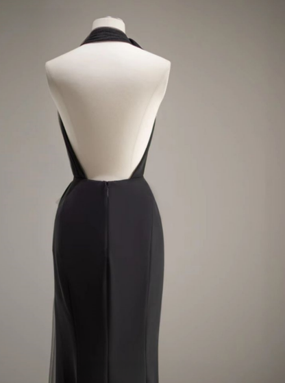 Chic Mermaid Halter V Neck Black Tulle Flower Long Prom Dress,Evening Dress GG970