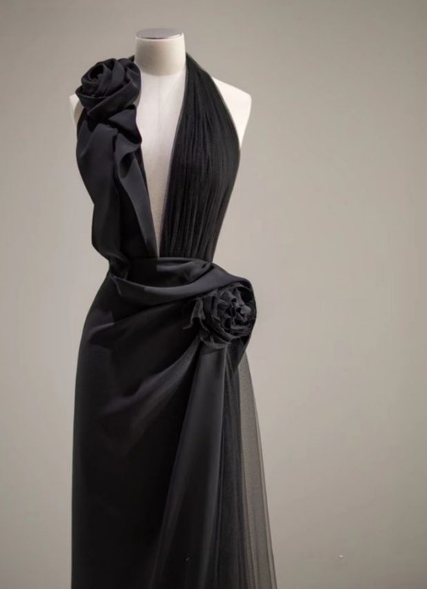 Chic Mermaid Halter V Neck Black Tulle Flower Long Prom Dress,Evening Dress GG970