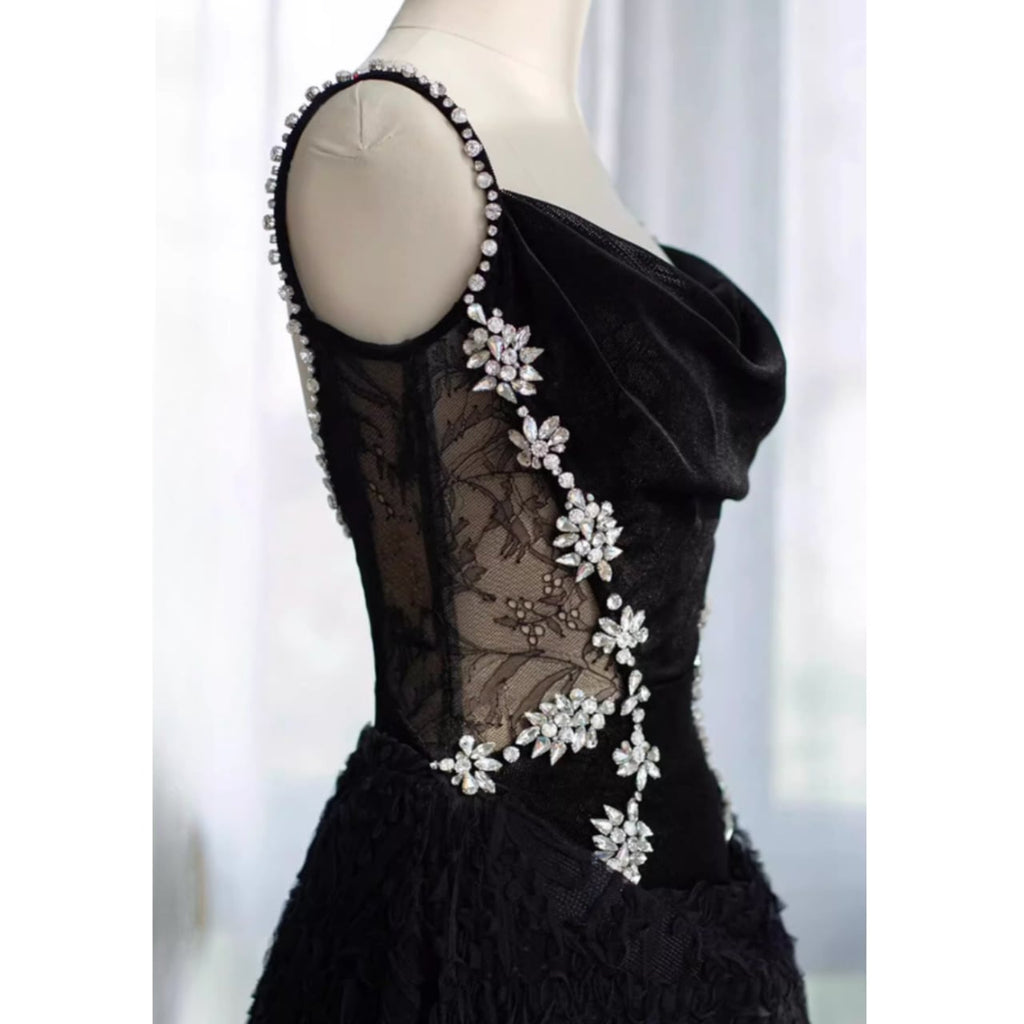 Charming A Line Spaghetti Straps Black Lace Applique Long Prom Dress,Evening Dress GG973