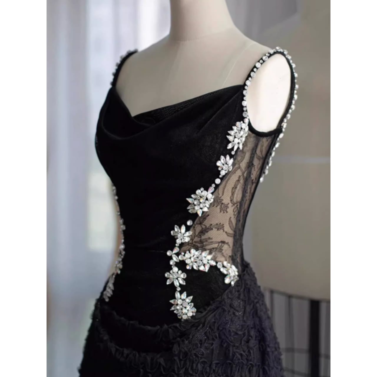 Charming A Line Spaghetti Straps Black Lace Applique Long Prom Dress,Evening Dress GG973