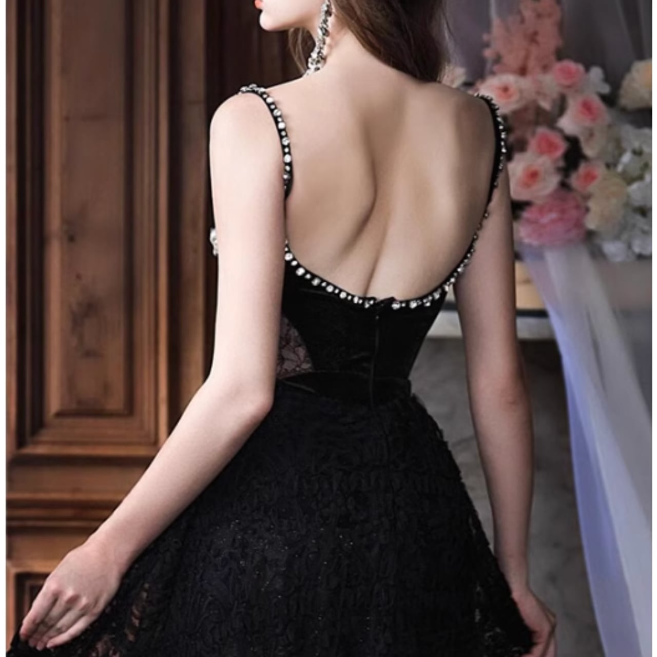 Charming A Line Spaghetti Straps Black Lace Applique Long Prom Dress,Evening Dress GG973
