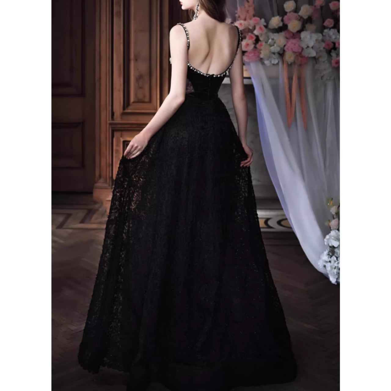 Charming A Line Spaghetti Straps Black Lace Applique Long Prom Dress,Evening Dress GG973