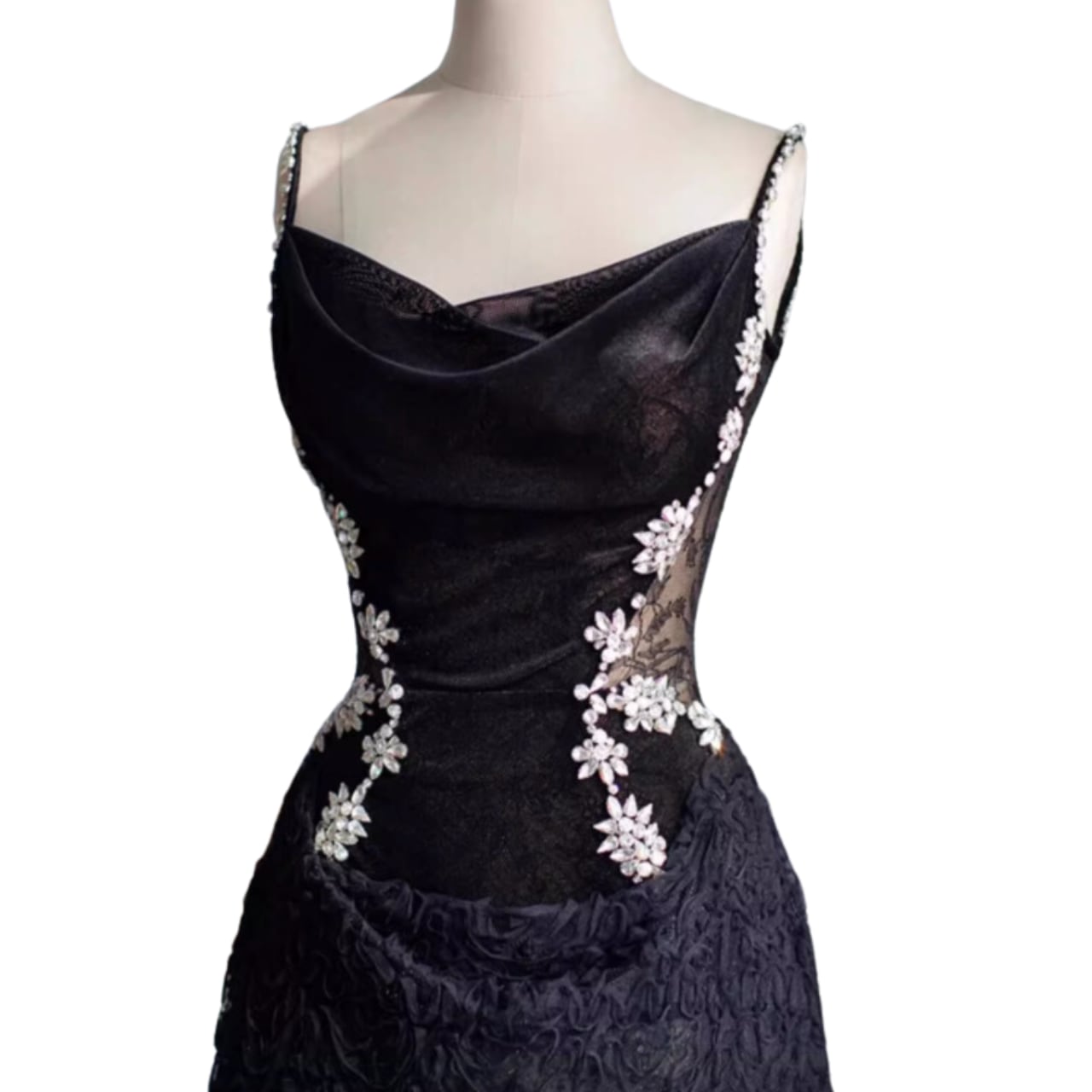 Charming A Line Spaghetti Straps Black Lace Applique Long Prom Dress,Evening Dress GG973