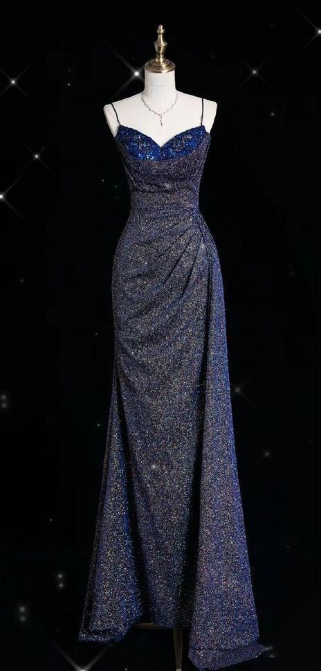 Glitter Mermaid Spaghetti Straps Satin Sequin Pleats Long Prom Dress,Evening Dress GG978