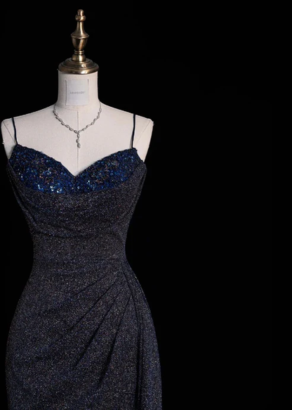 Glitter Mermaid Spaghetti Straps Satin Sequin Pleats Long Prom Dress,Evening Dress GG978