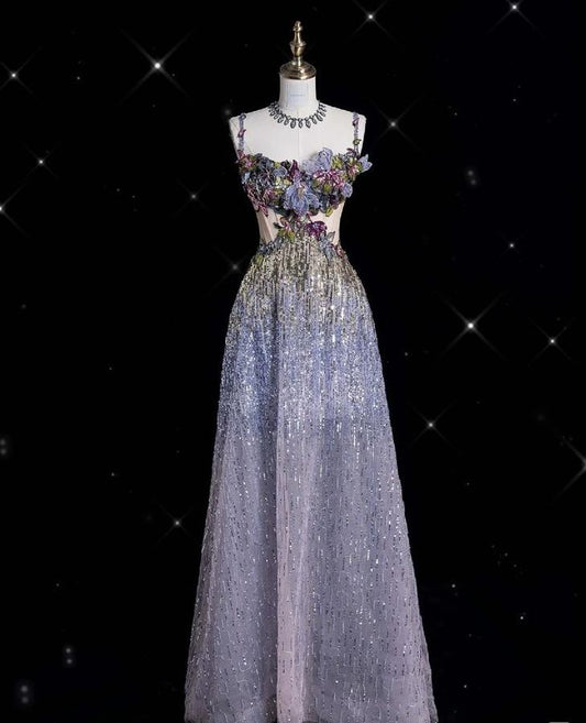 Delicate A Line Spaghetti Straps Tulle Sequin Floral Long Prom Dress,Evening Dress GG981