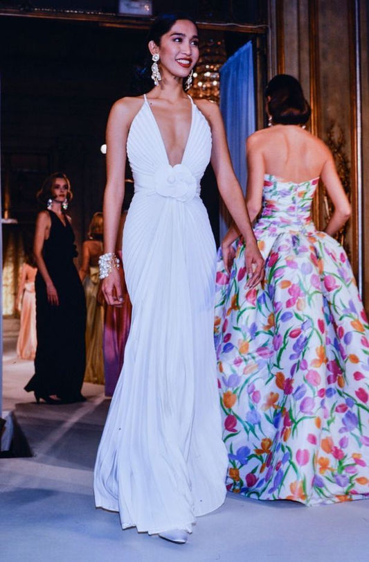 Sexy Mermaid Halter V Neck Flower Chiffon Pleats Long Prom Dress,Evening Dress GG985