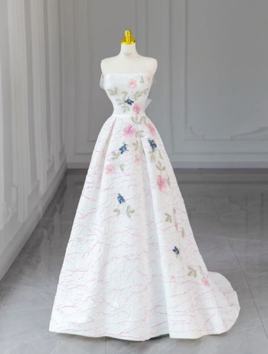 Cute A Line Strapless White Satin Applique Long Prom Dress,Evening Dress GG986