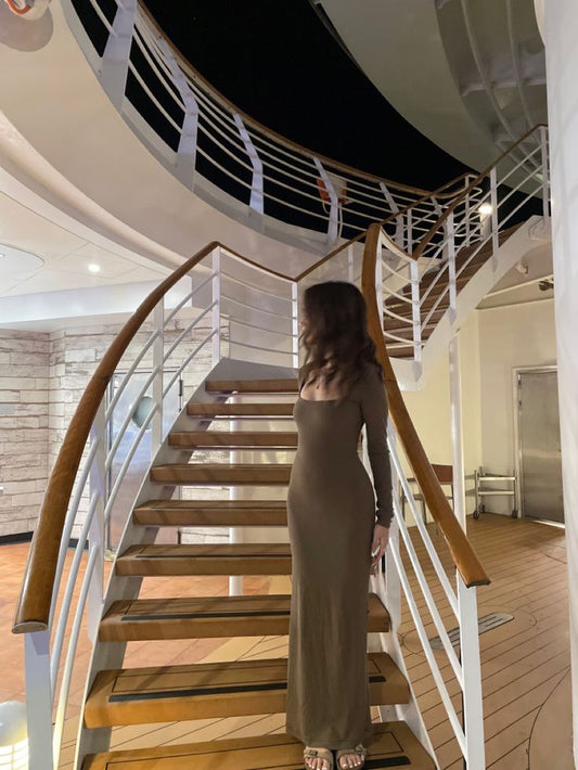 Elegant Mermaid Square Brown Polyester Long Sleeve Long Prom Dress,Evening Dress GG993