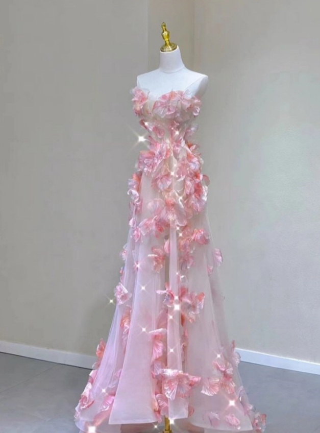 Fairy A Line Strapless Chiffon 3D Floral Long Prom Dress,Evening Dress GG994