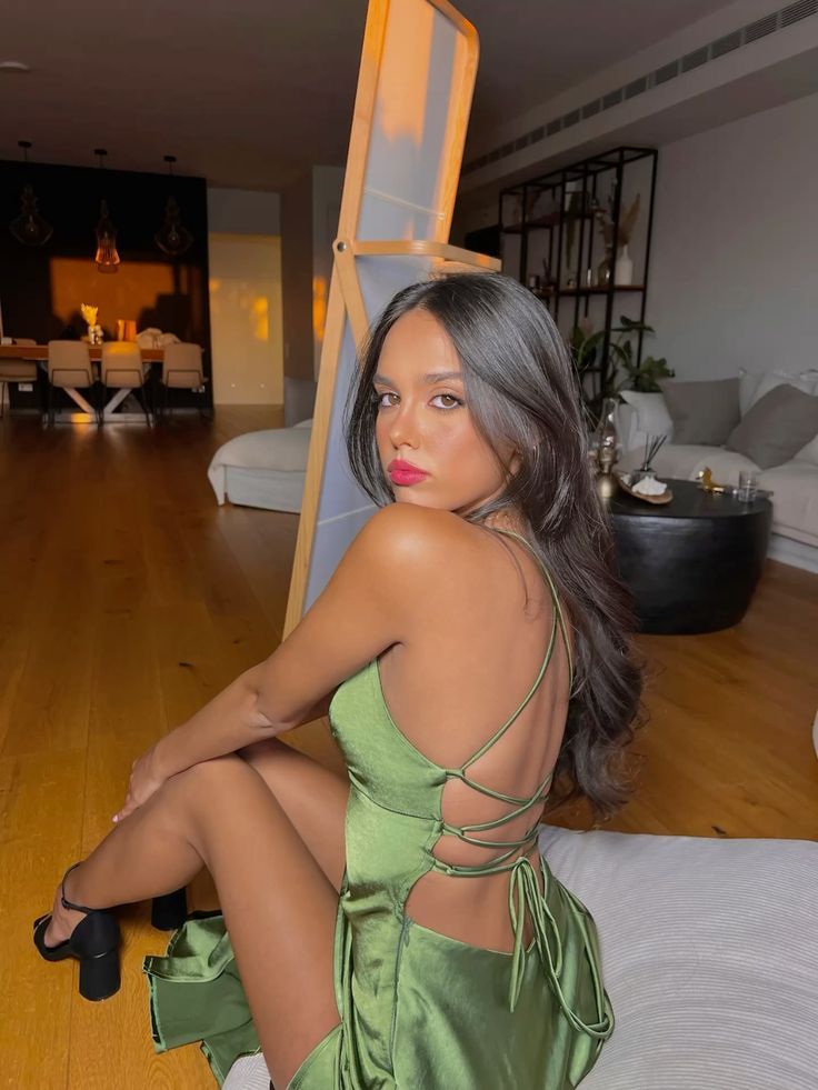 Charming Mermaid Spaghetti Straps V Neck Green Satin Slit Long Prom Dress,Evening Dress GG996