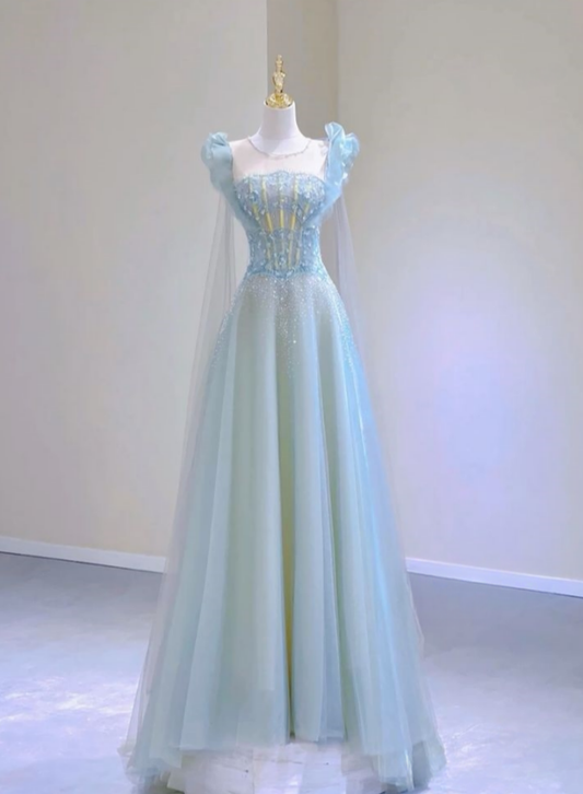 Glam A Line Square Pale Blue Tulle Beaded Long Prom Dress,Evening Dress GG999