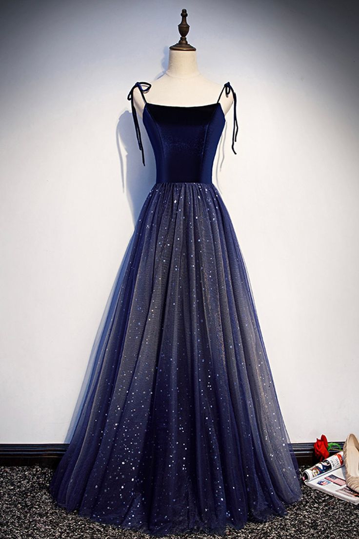 Simple A Line Spaghetti Straps Navy Velvet Tulle Long Prom Dress,Evening Dress GG629