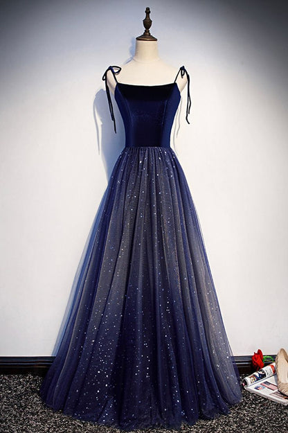 Simple A Line Spaghetti Straps Navy Velvet Tulle Long Prom Dress,Evening Dress GG629