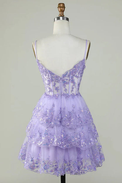 Lilac Spaghetti Straps Lace Mini Homecoming Birthday Dress, AST1034