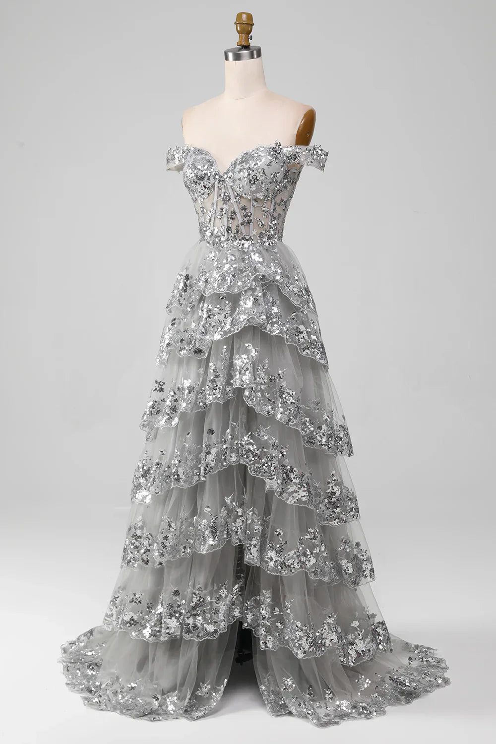 Off the Shoulder Grey Silver Sparkly Tiered Prom Dress with Slit TP1383