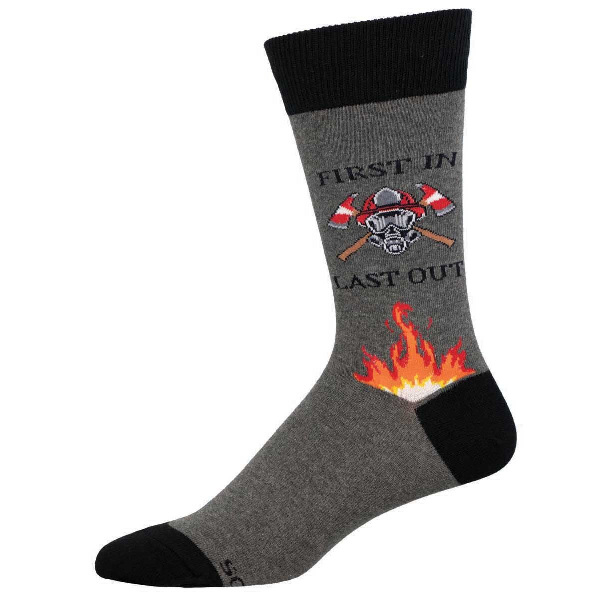 "First In-Last Out, Firefighter (Heather Gray) Crew Socks L/XL"