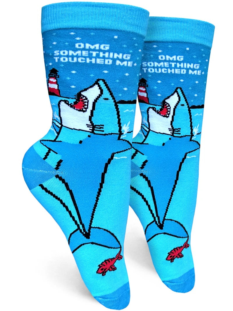 "OMG Something touched Me, Shark Swimming Crew Socks S/M"